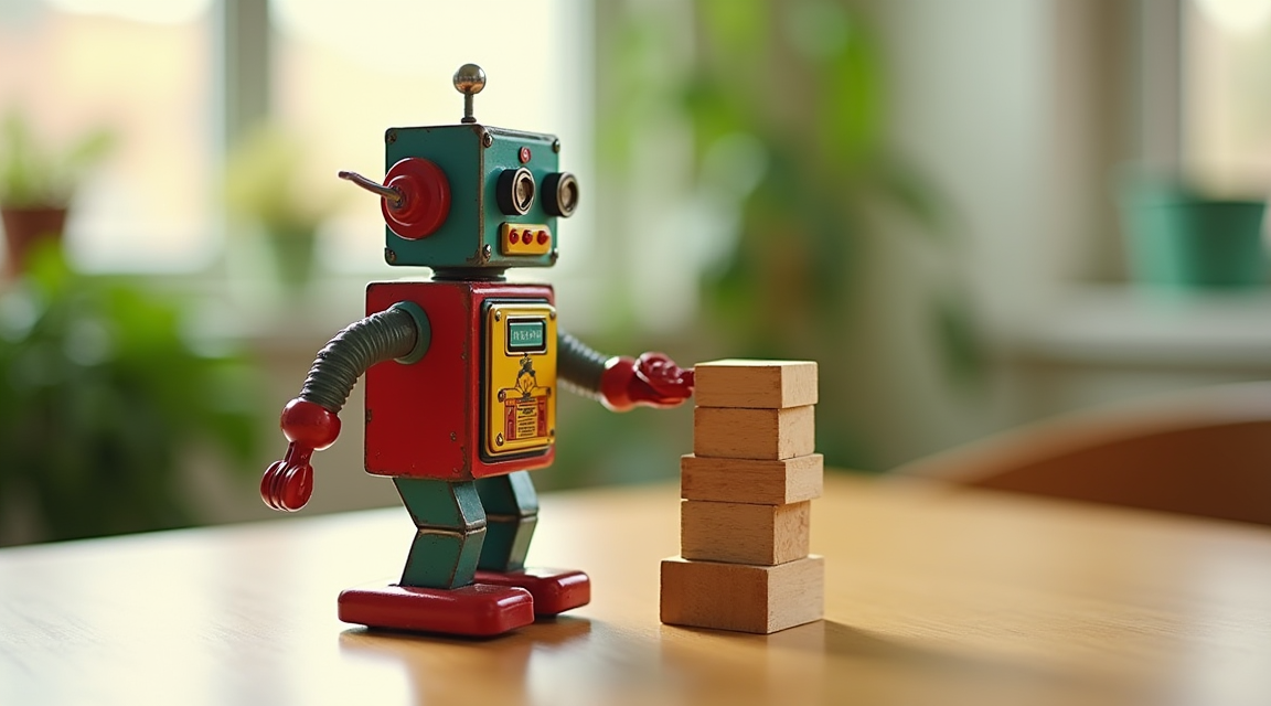 Retro robot stacking blocks — automation at work